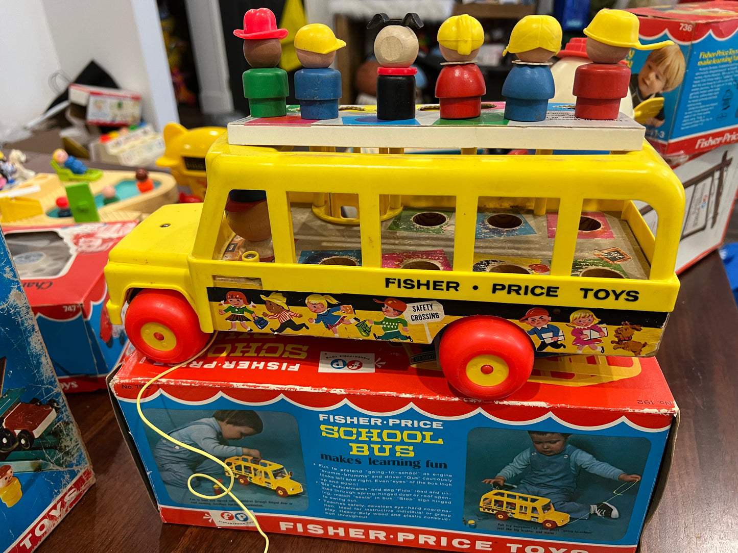 Vintage 1965 Fisher Price School Bus w ALL WOOD PPL & ORIG BOX