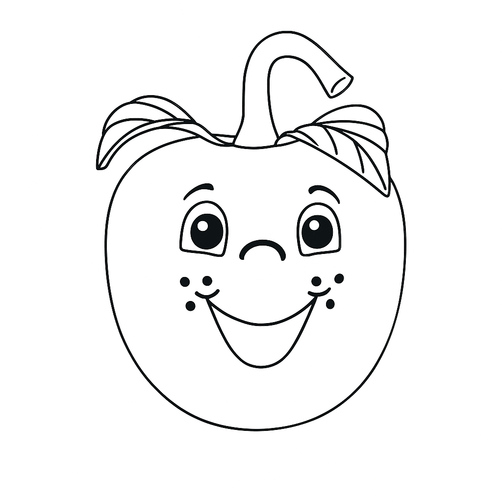Smiling coconut cartoon coloring page with palm leaves, black-and-white outline