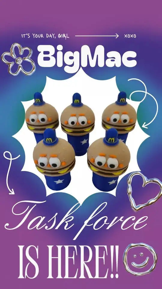 Five custom Officer Big Mac Little People figures with burger bodies and McDonald's "M" hats stand in a white comic bubble.