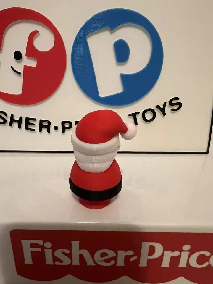 Santa holiday misfit toy figurine from behind with red hat and white suit