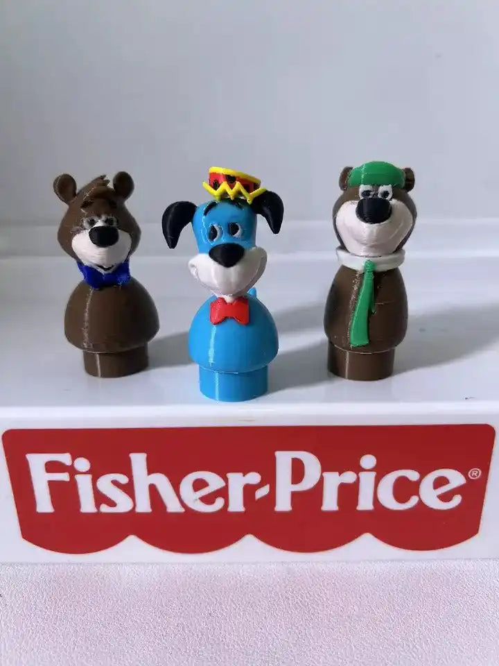 Custom art Fisher-Price "Huckleberry Hound" Little People figure with two brown bears, all on a white shelf.