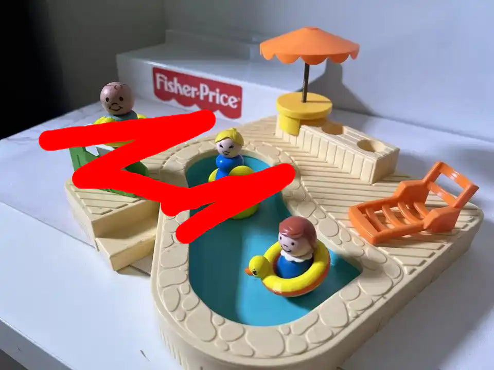 Medium duck floatie playset with Fisher-Price sign, yellow duck float, orange slide, figures