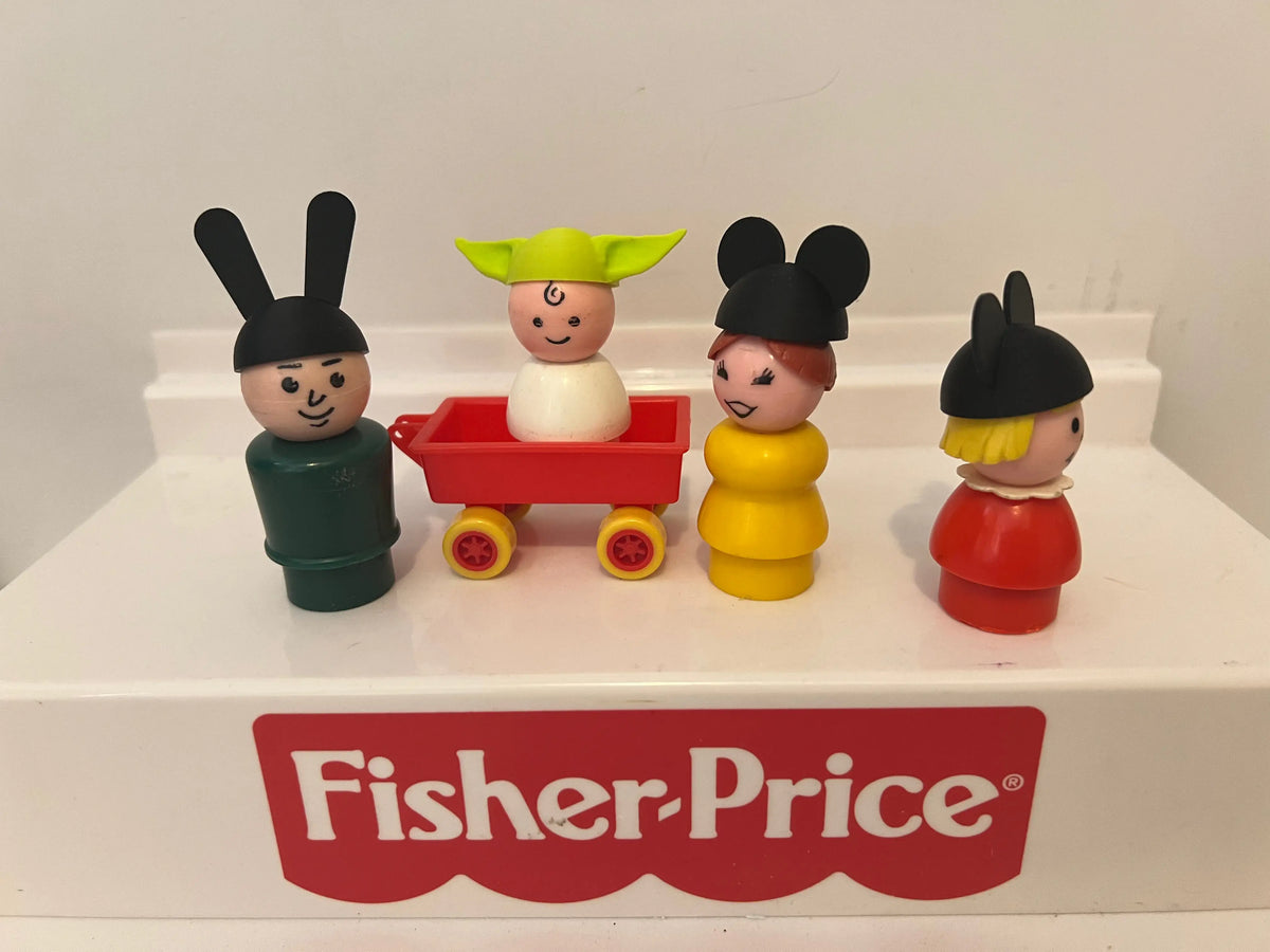 Custom Oswald Hat on a Fisher-Price Little People figure, alongside other custom-hatted figures and a red wagon.
