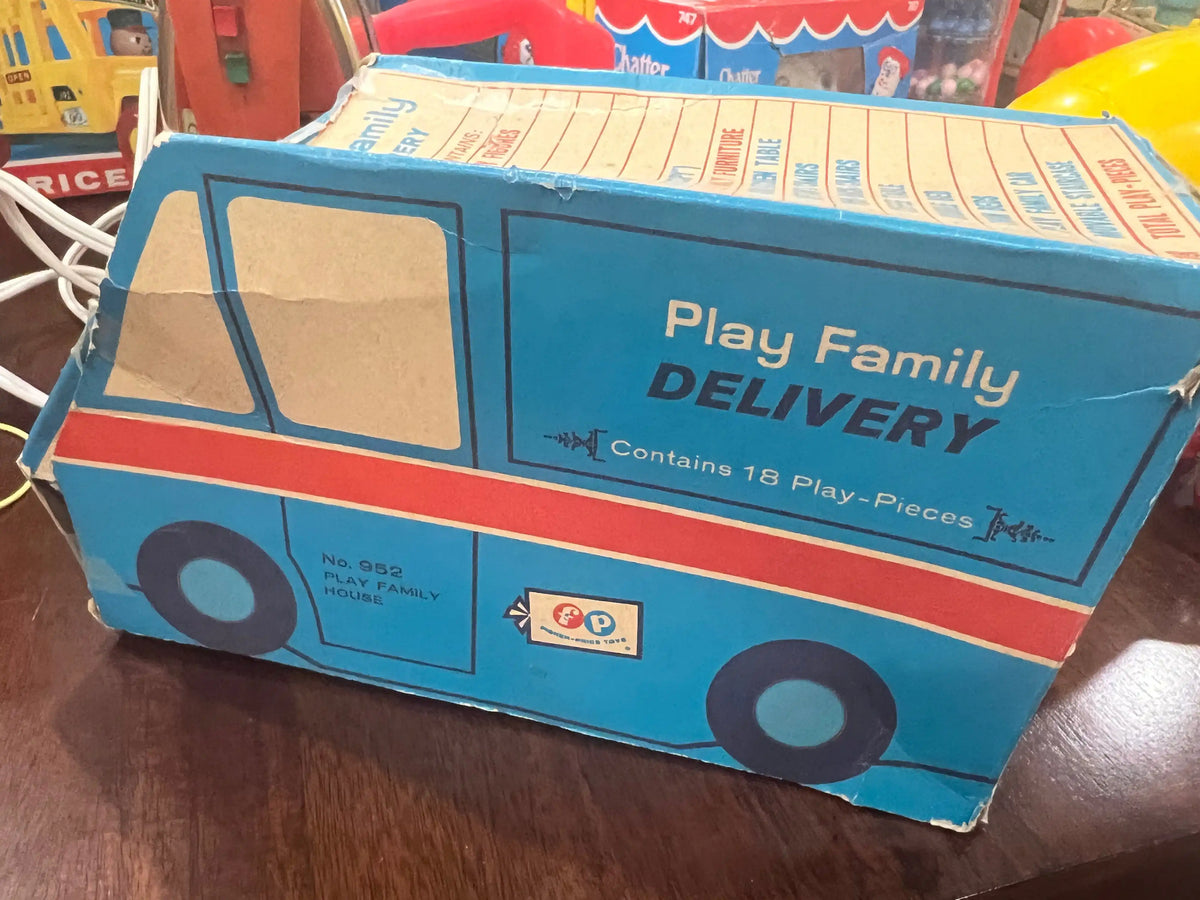 Blue play delivery van toy box with Play Family DELIVERY side panel