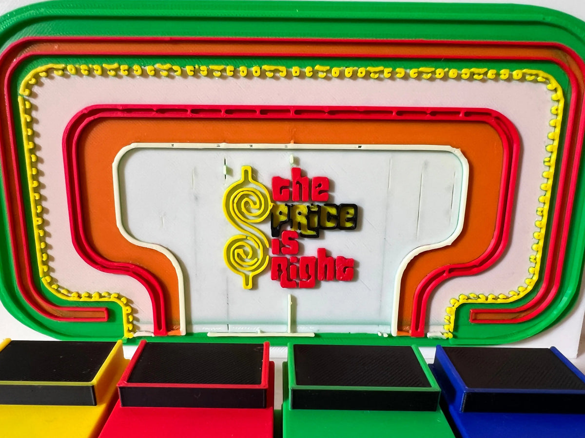 This custom 3D printed "Price is Right" backdrop with its colorful layered borders