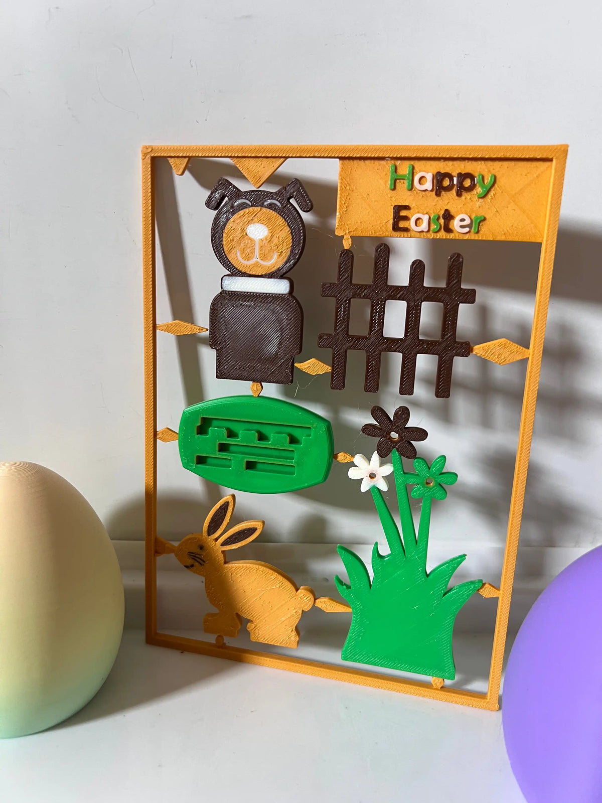 Easter wooden gift card with bunny, bear in dark outfit, brown fence, and green planter