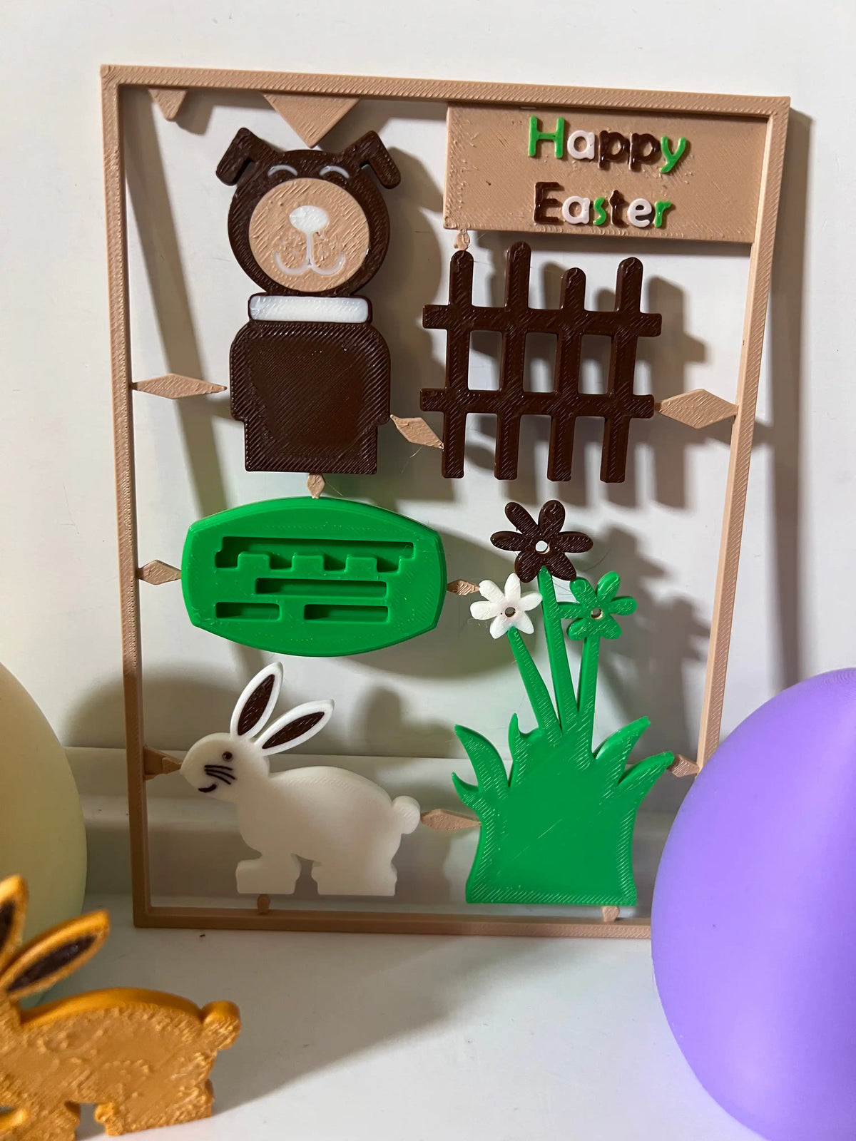 Easter wooden gift card with bunny, bear, fence, green grass pieces, and flowers