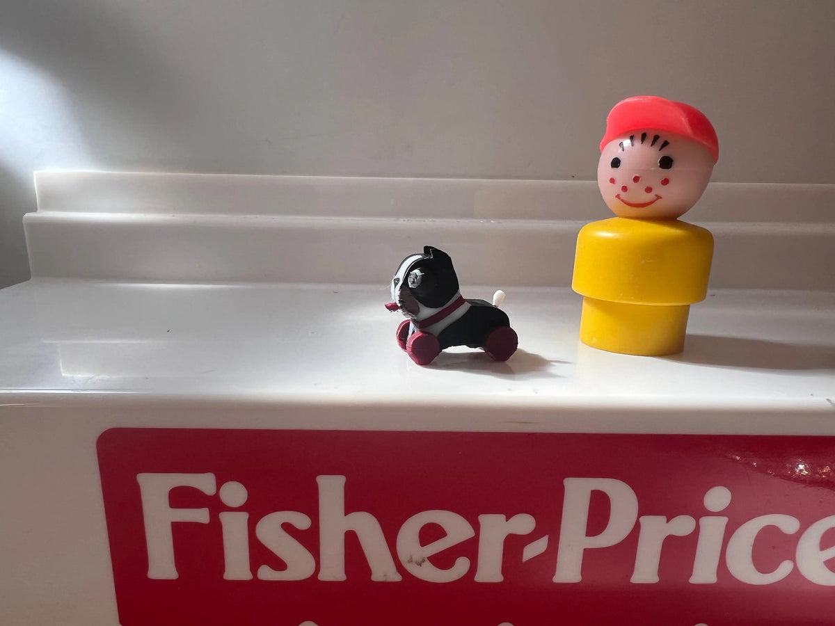 Mini Fisher-Price barking dog and child figure on vintage red box front