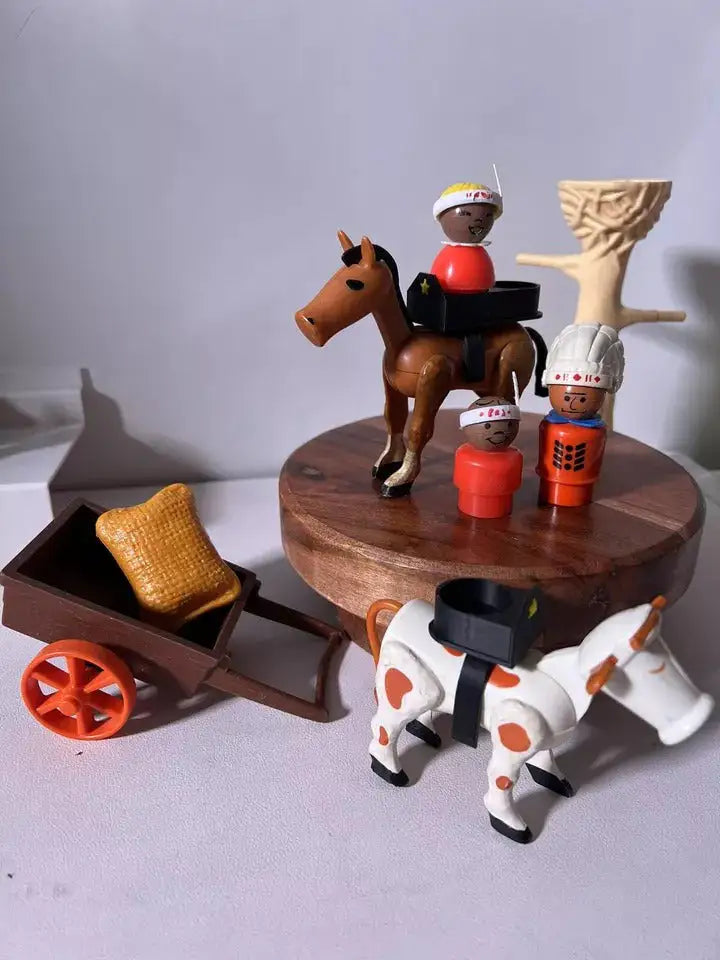 Brown toy horse with black double saddle and riders, plus cart and animal figures