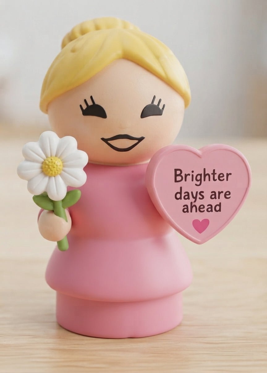 Miniature figurine in pink dress holding white daisy and heart sign reading Brighter days ahead