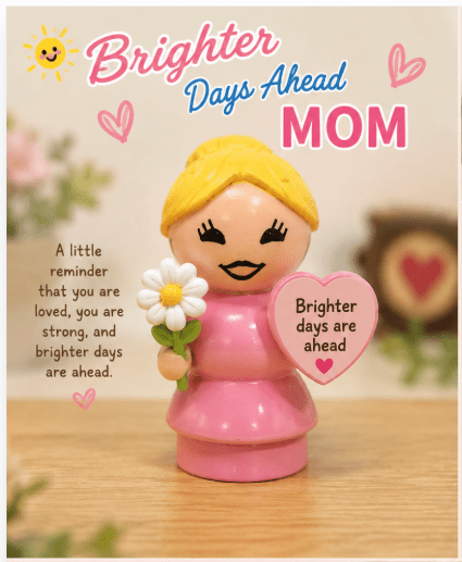 Miniature figurine, blonde in pink dress holding heart sign and white daisy, MOM