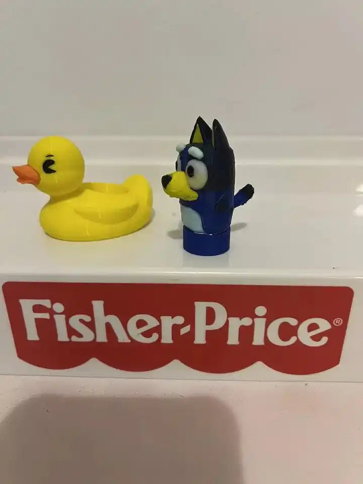 Bluey plush hand puppet with yellow duck toy, facing opposite directions