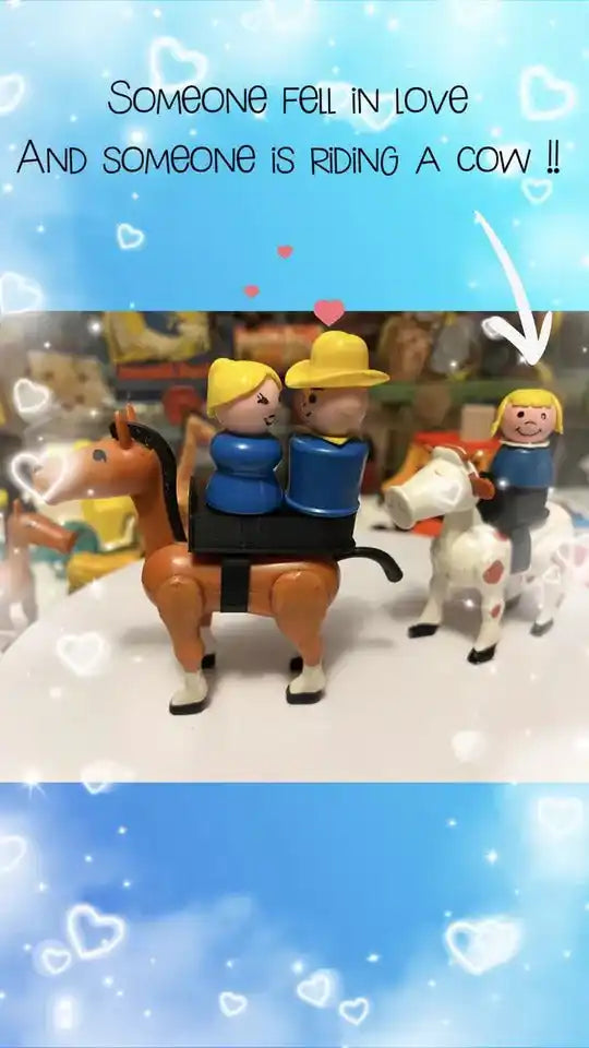 A custom 3D-printed black horse saddle double-seater holds two Little People figures while a third rides a cow.