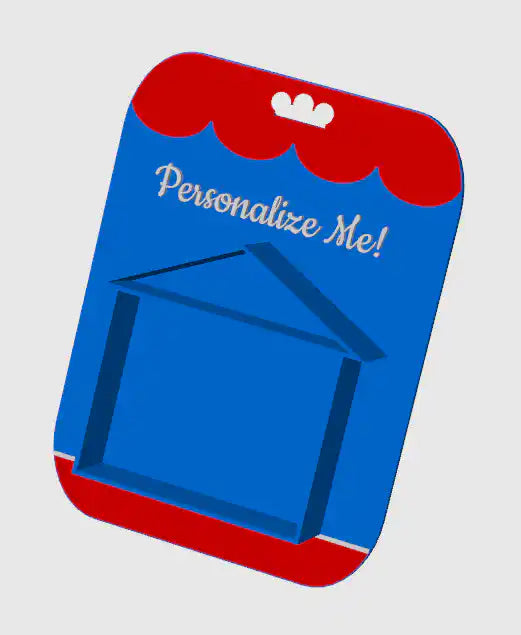 Blue display card with red top reading “Personalize Me!” and empty house window