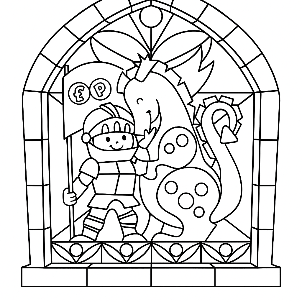 Line-art coloring page panel with several characters inside an arch frame