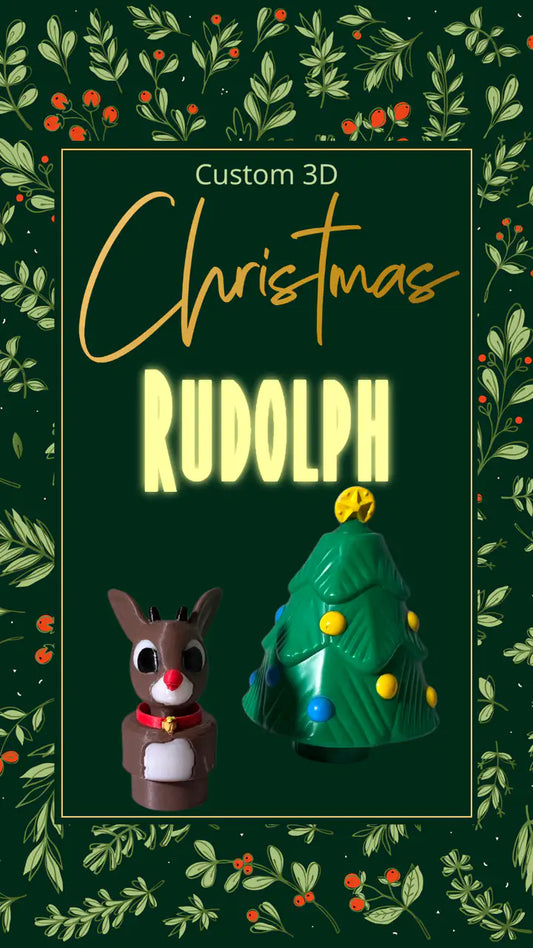 A custom 3D printed Rudolph Little People figure and a green Christmas tree on a dark green, holly-patterned background.