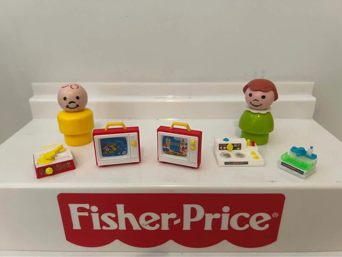 Custom-made miniature Fisher-Price Little People accessories, including two televisions, a stove