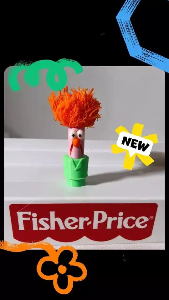 A custom Fisher-Price Little People-style Beaker from The Muppets stands in front of a Fisher-Price logo.