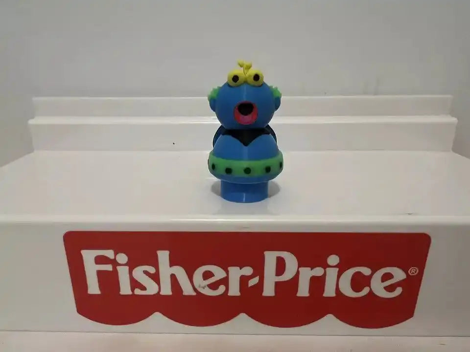 Blue and green bug-style figure with yellow antennae and open red mouth
