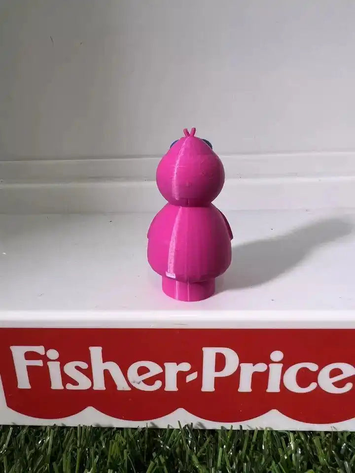 Pink bird-like fan art figure from behind, rounded head and tail details