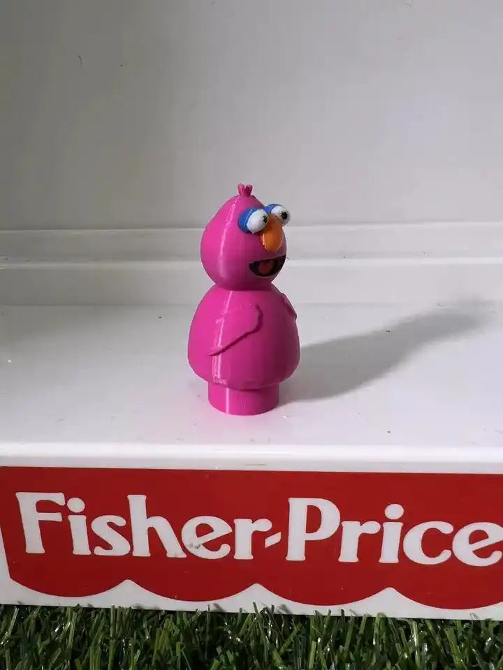 Pink bird-like fan art figure in side view, open mouth and molded beak