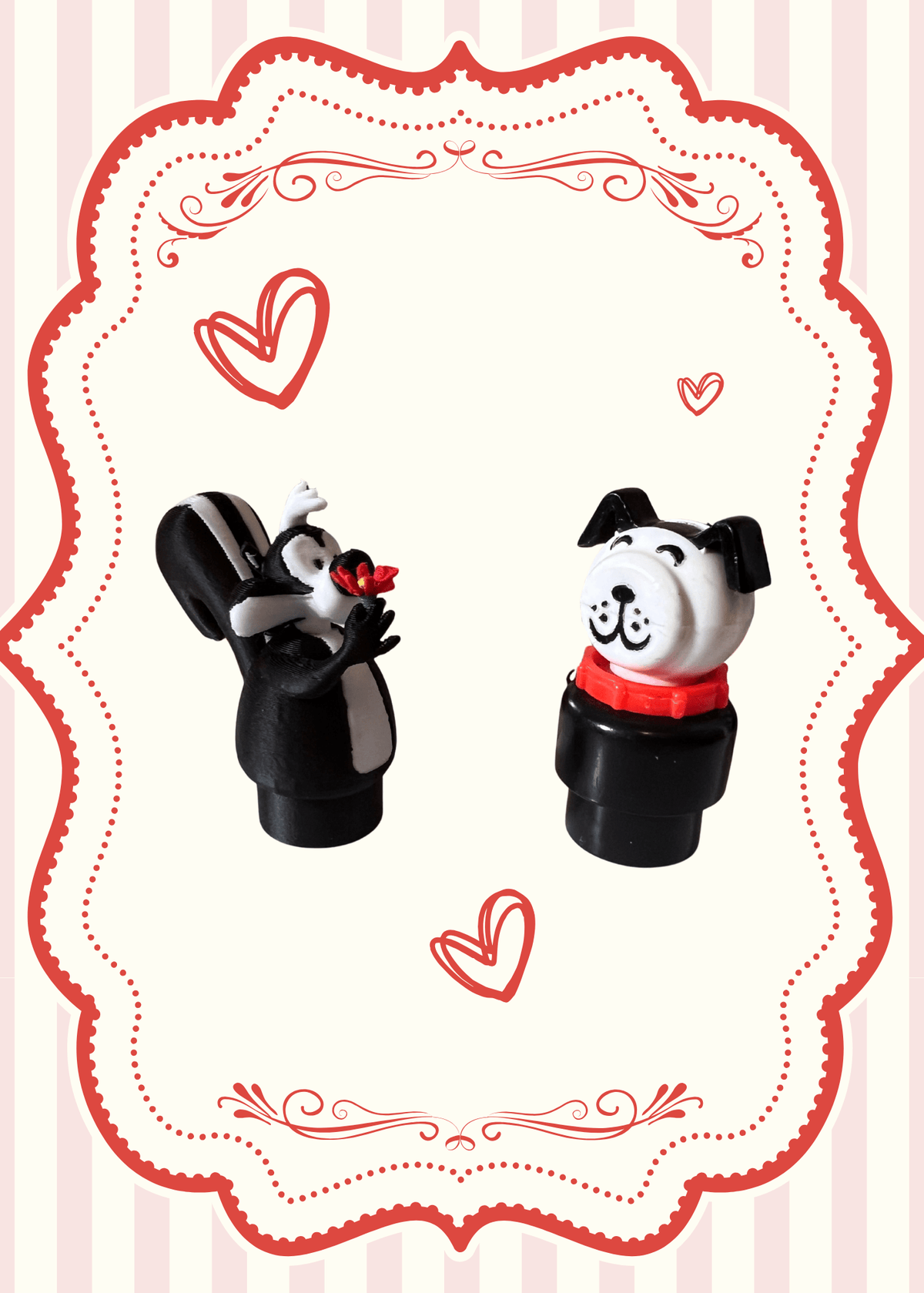 Two character toy figures: skunk with red flower, panda with red collar