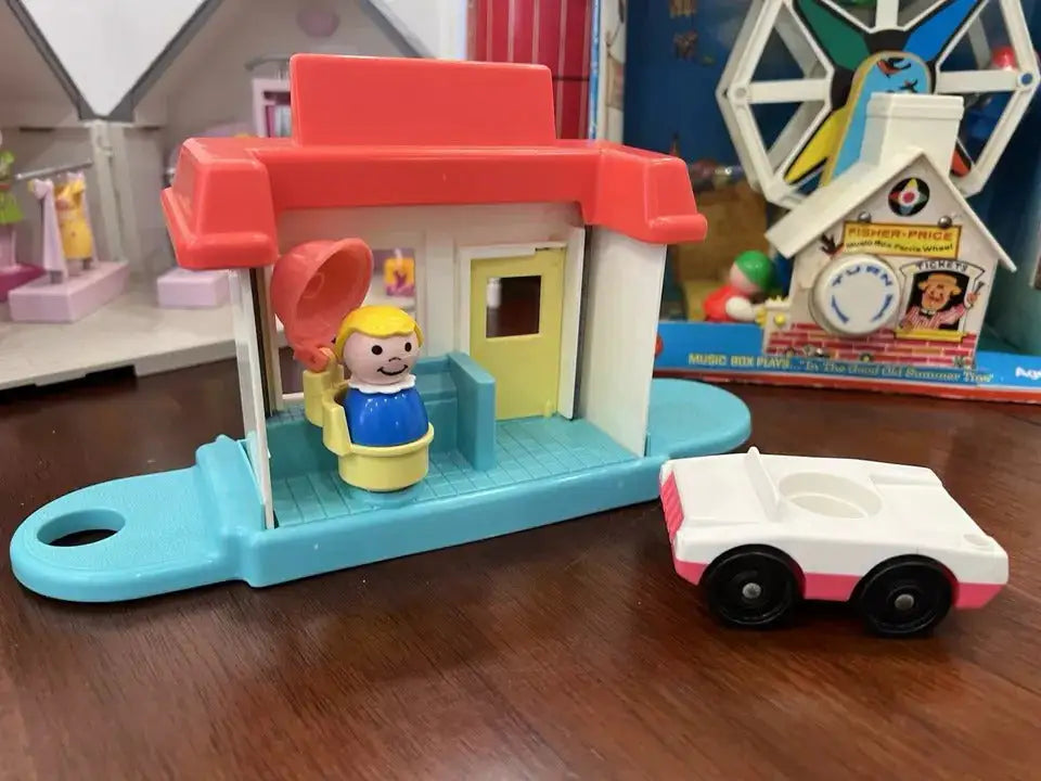 Vintage Fisher Price pink beauty salon playset base with character and white cart