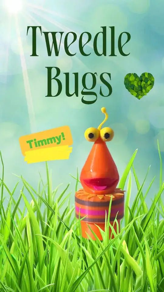 A custom orange Tweedle Bug Timmy figure with big yellow eyes sits in green grass with "Tweedle Bugs" text.