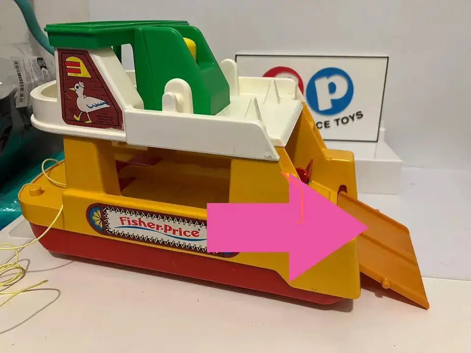 A vintage Fisher-Price Little People #932 Ferry Boat features a yellow reproduction 3D printed replacement ramp.