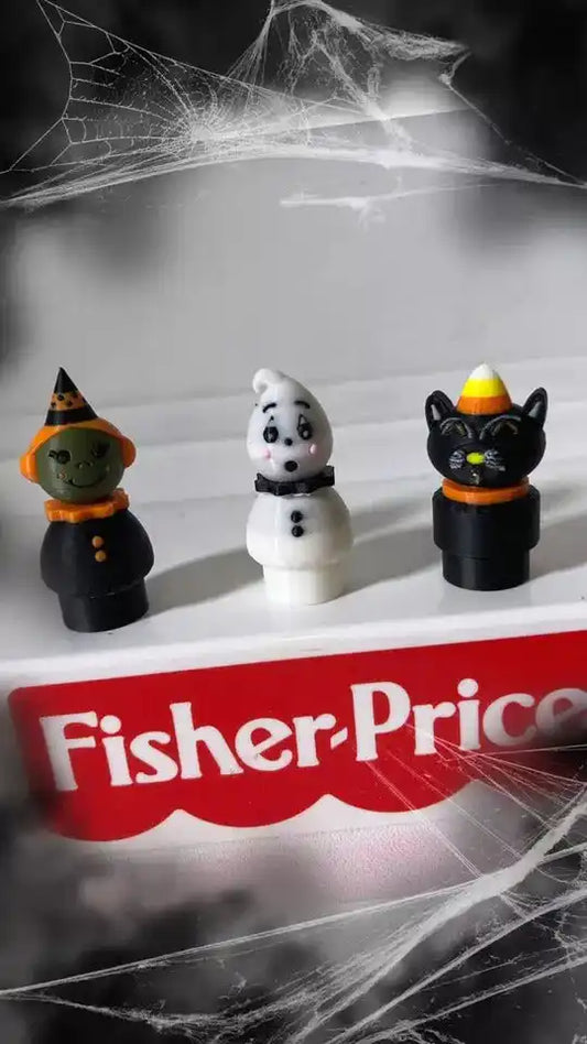 Custom 3D printed Fisher-Price Halloween Spooky Little People figures, a witch, a ghost, and a black cat
